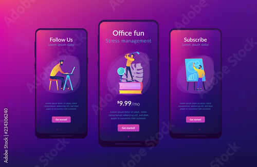 People in office working at the laptop, running presentation and playing golf as a concept of break, office fun, games and stress management. Violet palette. Mobile UI UX app interface template.