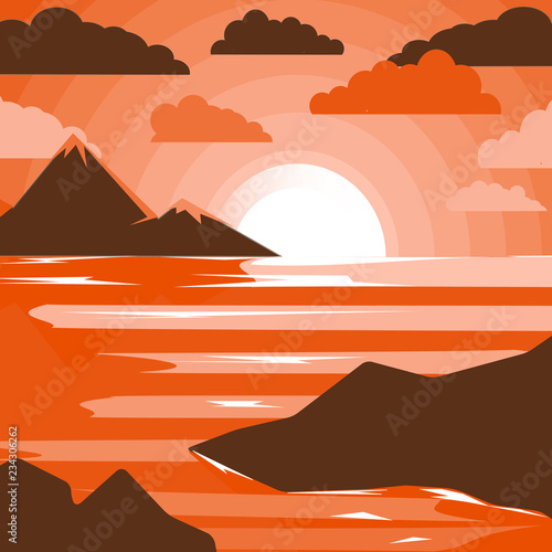 Abstract image of sunset  dawn sun and river in the mountains. Creative design in bright colors. Vector illustration.