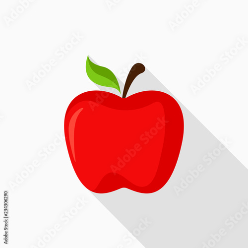 Red apple icon with long shadow on gray background, flat design style