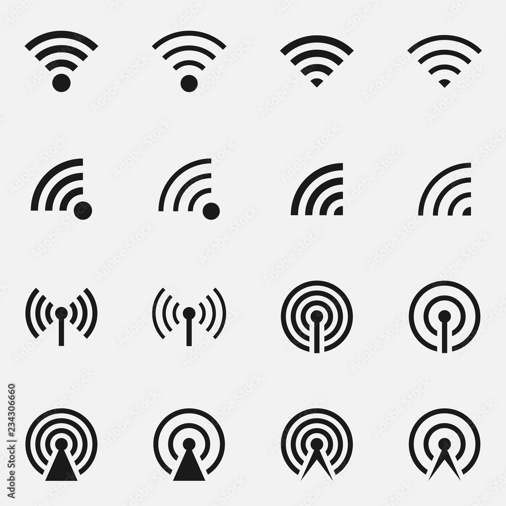 Set of data transfer concept includes antenna tower and wireless signal. Black and white vector illustration.