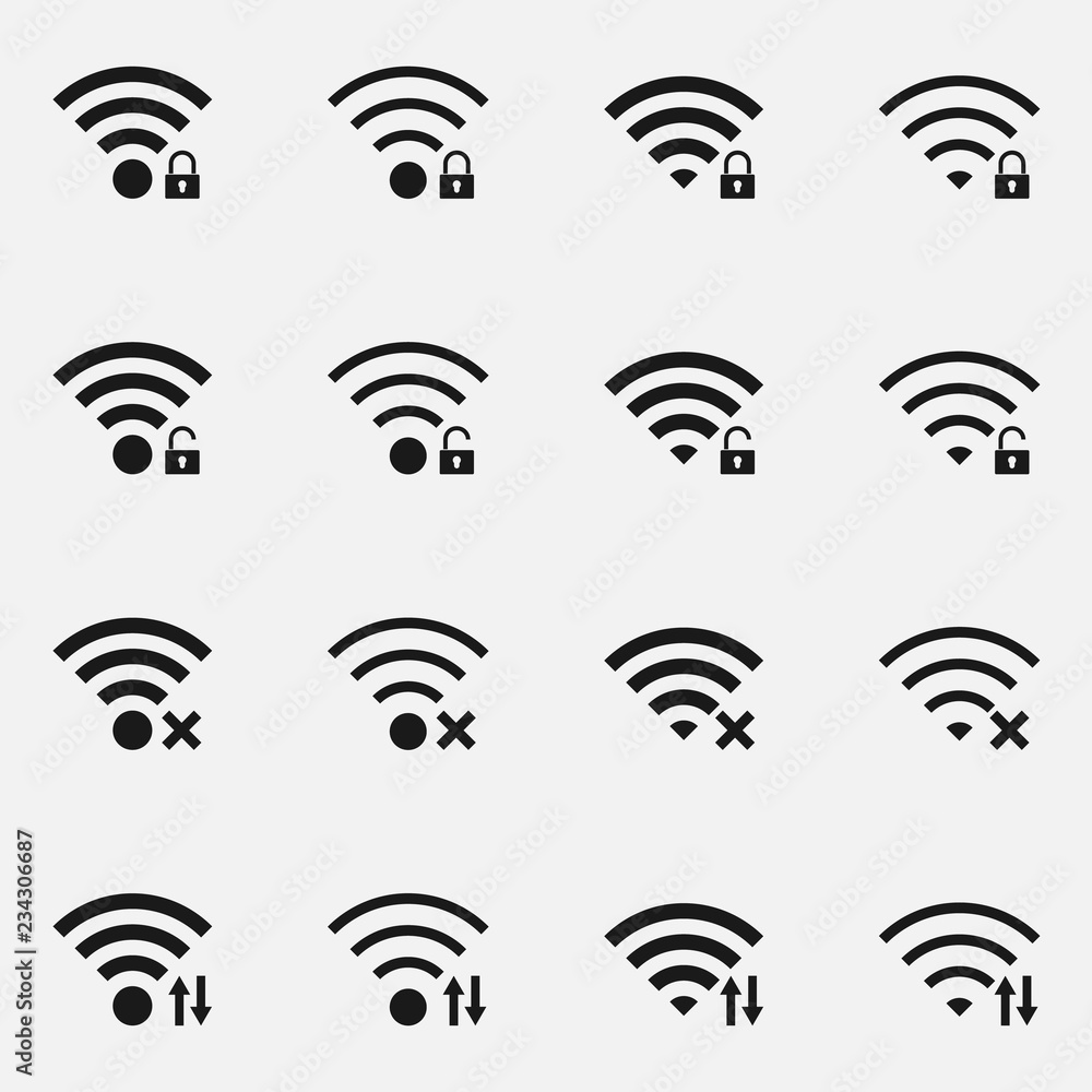 Set of data transfer concept includes wireless signal with indicators. Black and white vector illustration. Set of data transfer concept includes wireless signal with indicators. Black and white vector illustration.
