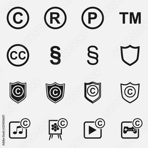 Set of copyright, registered trademark, patent and creative commons symbols vector icons.