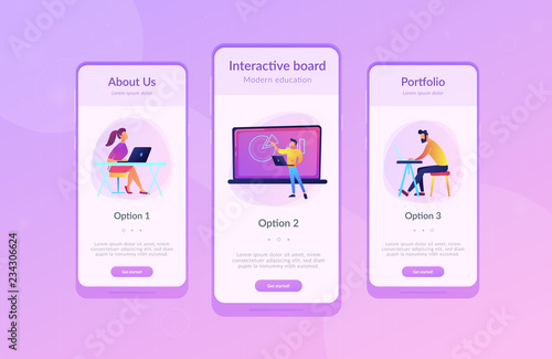 Students with laptop and lector in front of interactive board. Digital classroom landing page. Blended learning and smart classroom, modern education. App interface template.