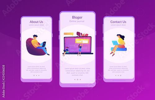 A girl makes a post on big laptop. Bloger is shareing information in weblog, online journal or informational website. Bloging and personal web log concept. Violet palette. App interface template.