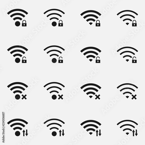 Set of data transfer concept includes wireless signal with indicators. Black and white vector illustration.