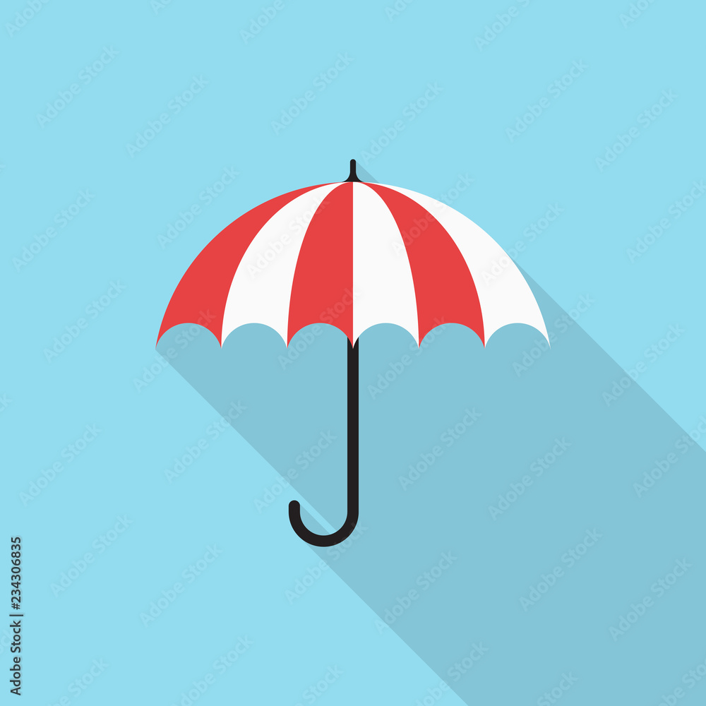 Umbrella icon with long shadow on blue background, flat design style