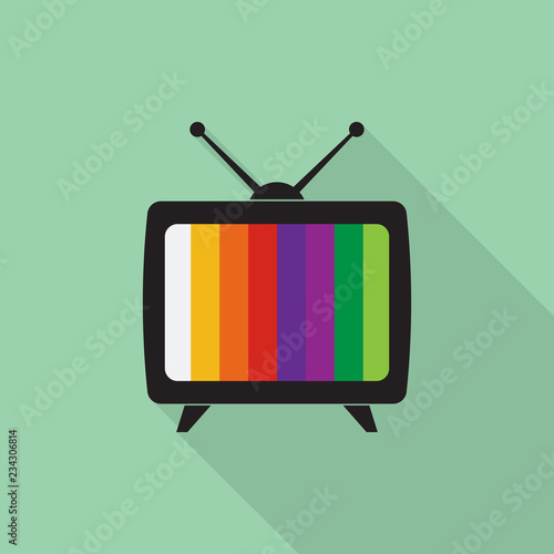 Television icon with long shadow on green background, flat design style