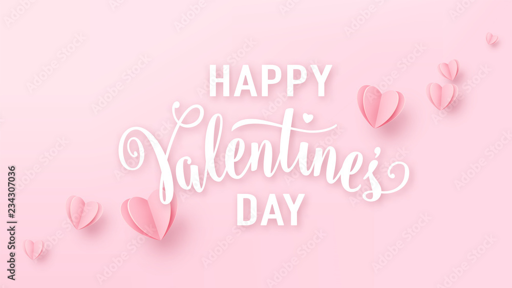 Valentines day background with light pink paper hearts and white text sign. Love heart graphic design for greeting cards, banner, flyer. Vector illustration