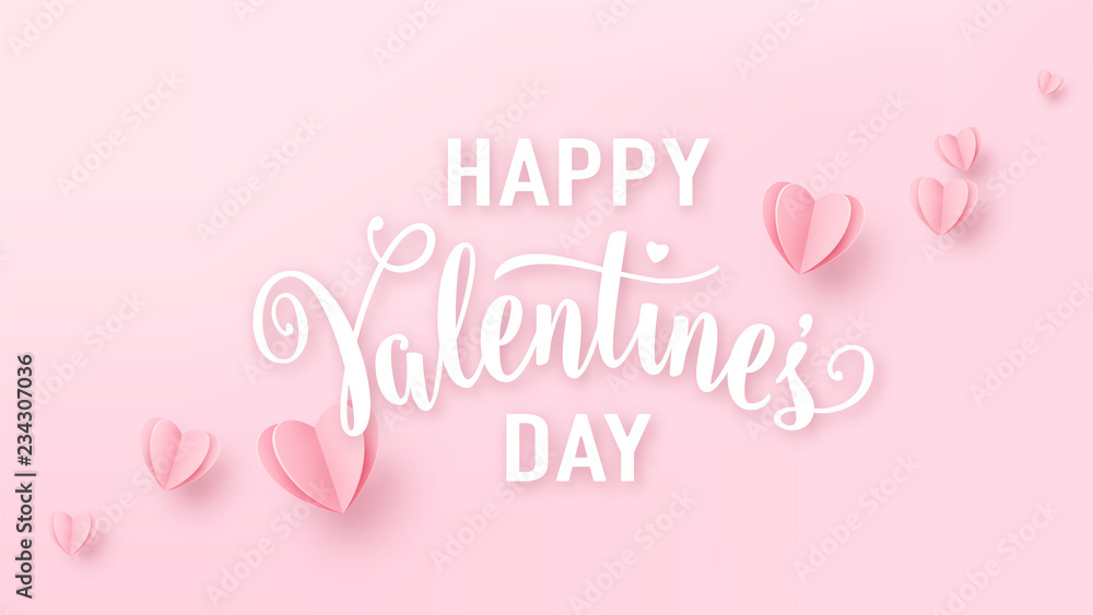 Valentines day background with light pink paper hearts and white text sign. Love heart graphic design for greeting cards, banner, flyer. Vector illustration Valentines day background with light pink paper hearts and white text sign. Love heart graphic design for greeting cards, banner, flyer. Vector illustration