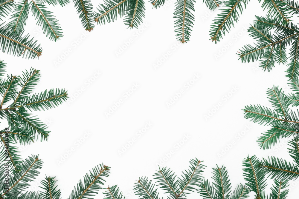 Christmas minimal composition. Coniferous tree branches on white background. Christmas, New Year, winter concept. Flat lay, top view, copy space