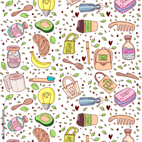 No plastic. Zero waste. Eco lifestyle. Vector illustration. Seamless pattern.