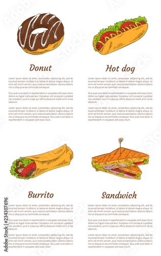 Donut and Sandwich, Burrito and Hot Dog Posters.