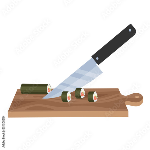 Cutting sushi roll with fish on the board with knife