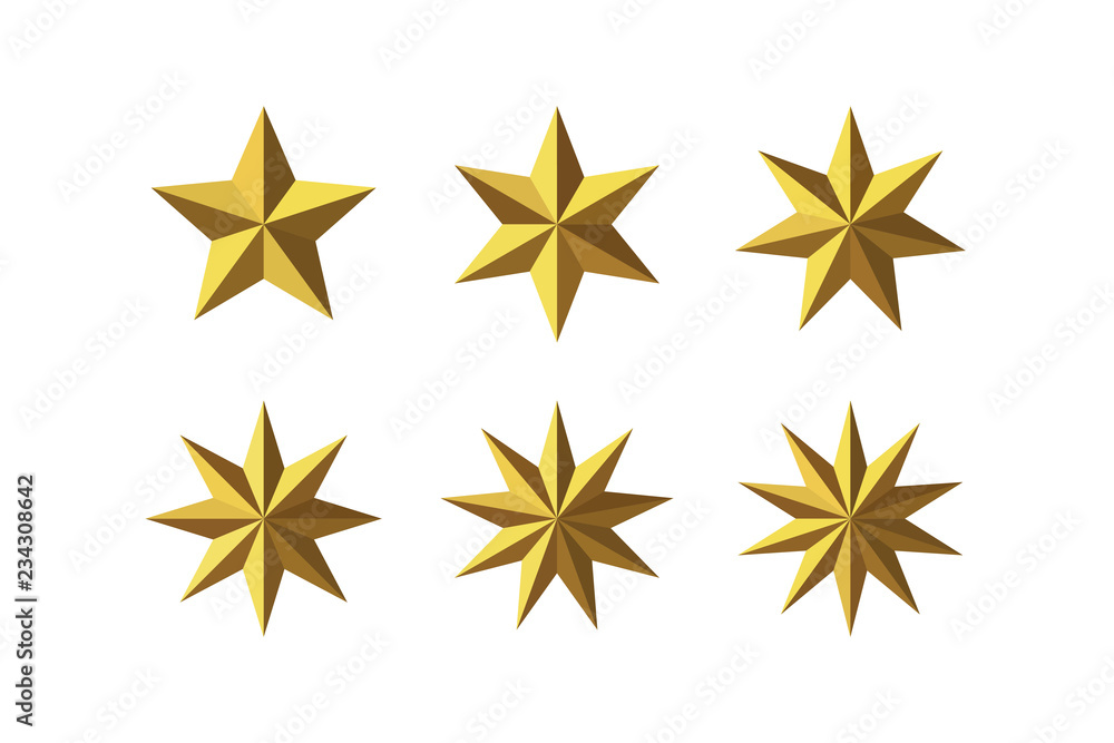 Set of beautiful faceted shiny golden metal stars Set of beautiful faceted shiny golden metal stars