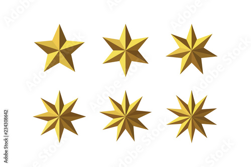 Set of beautiful faceted shiny golden metal stars