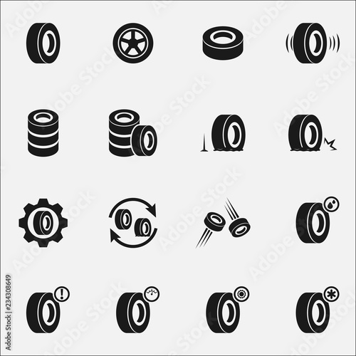 Set of tires flat vector icon isolated on white background.
