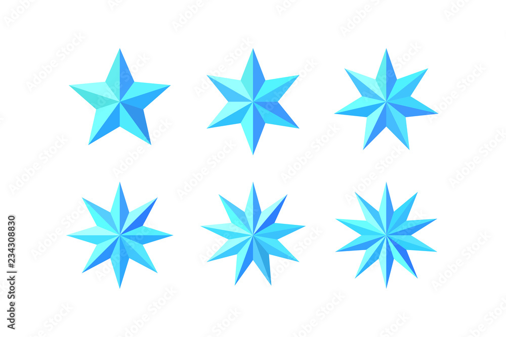 Set of beautiful faceted shiny light blue stars Set of beautiful faceted shiny light blue stars