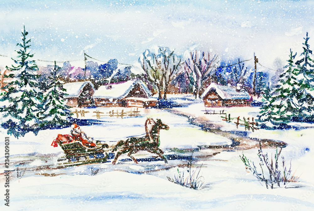 Obraz premium Watercolor painting: New Year winter willage landscape with Santa