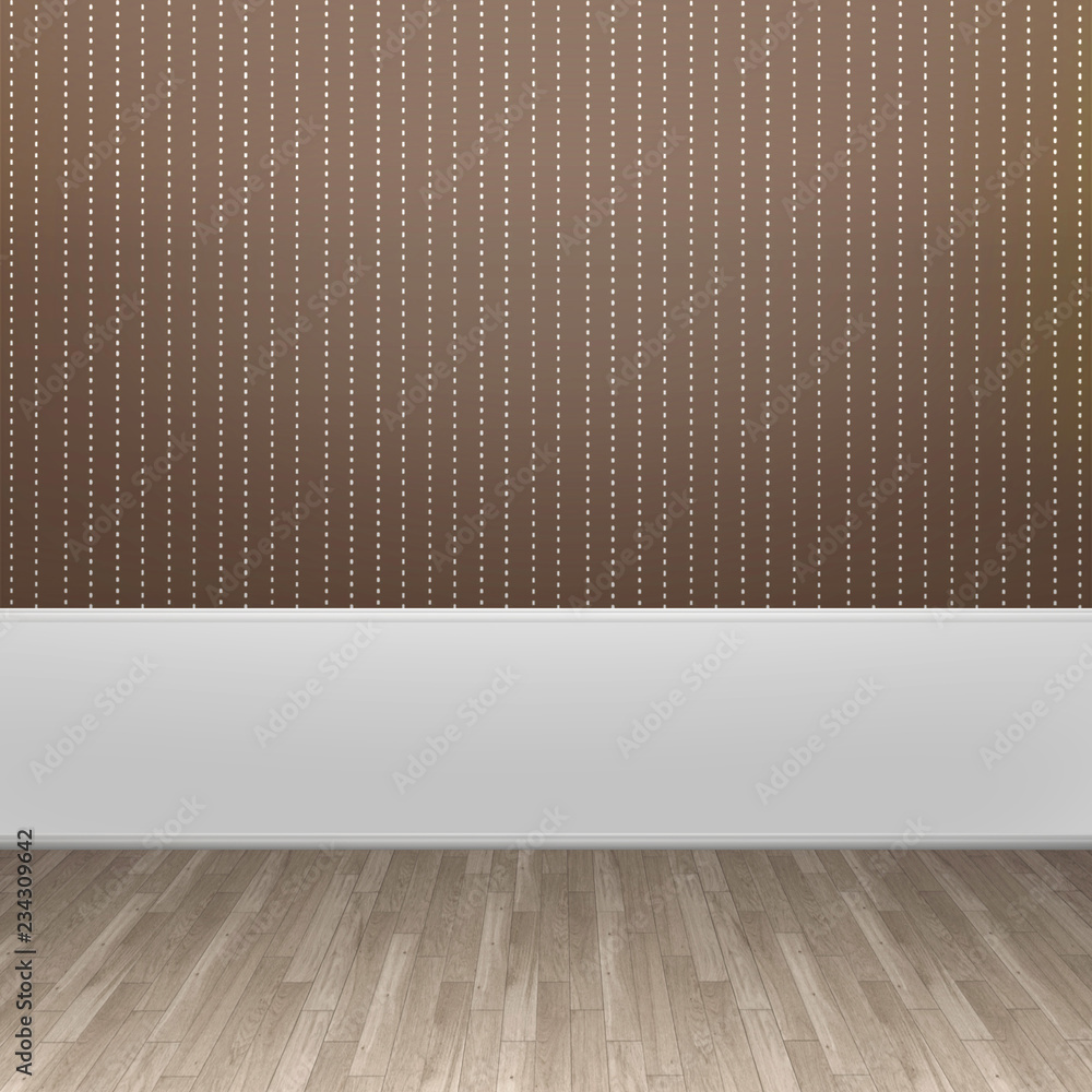 3d illustration interior rendering of brown striped wallpaper and wooden floor