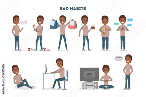 Man with a bad habits set. Alcohol and coffee addiction