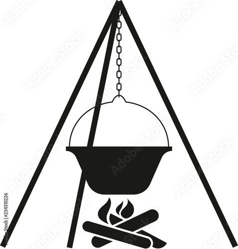 schwarzweiße Grafik Gulasch-Kessel über Feuer mit Dreibein