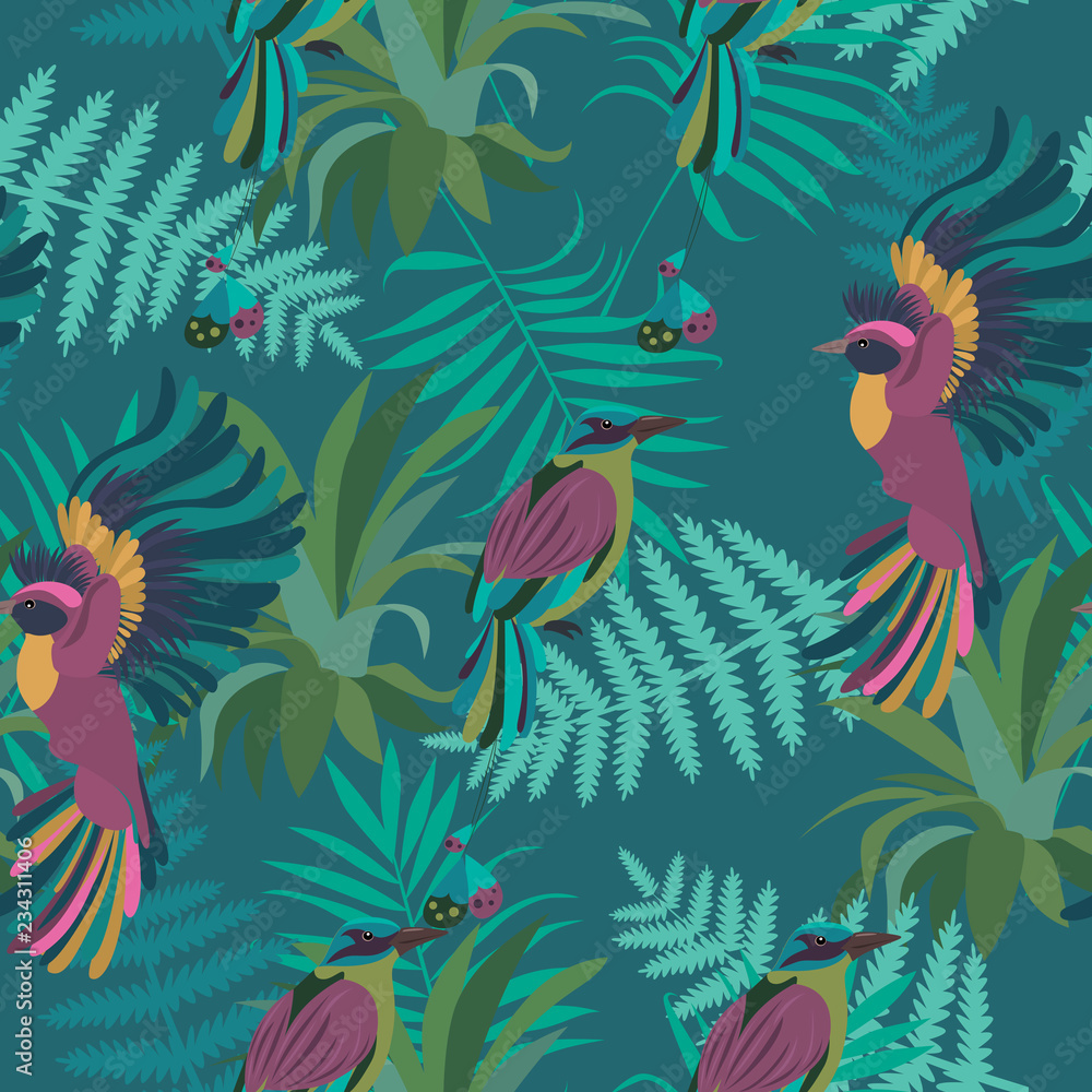 Beautiful seamless vector floral summer pattern background with tropical palm leaves, flowers and birds for wallpapers, web page backgrounds, surface textures, textile