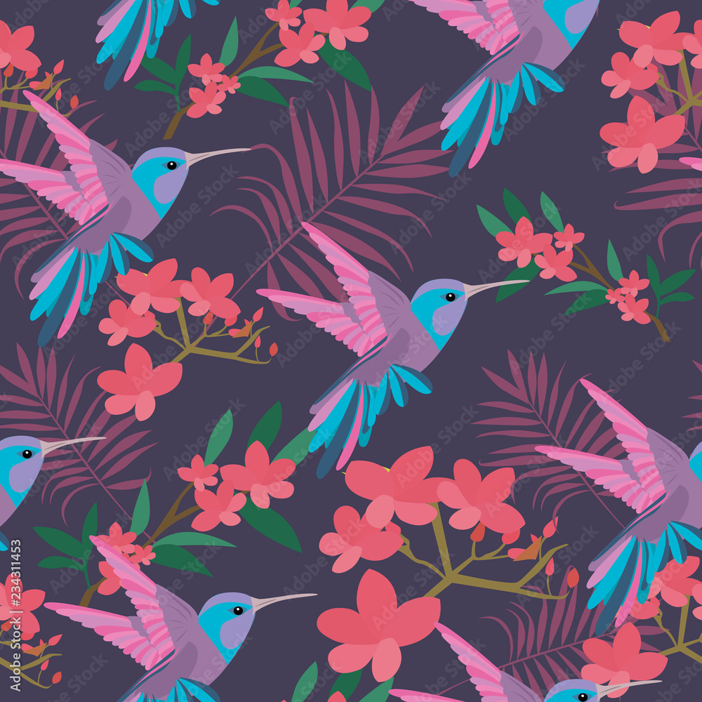 ПечатьBeautiful seamless vector floral summer pattern background with tropical palm leaves, flowers and birds for wallpapers, web page backgrounds, surface textures, textile ПечатьBeautiful seamless vector floral summer pattern background with tropical palm leaves, flowers and birds for wallpapers, web page backgrounds, surface textures, textile