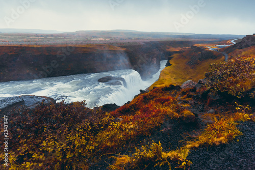 Majestic waterfall Gullfoss in Iceland in autumn in cloudy weather