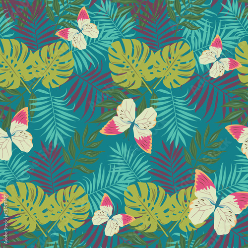 Fototapeta Naklejka Na Ścianę i Meble -  Beautiful seamless vector floral summer pattern background with tropical palm leaves, flowers and butterfly for wallpapers, web page backgrounds, surface textures, textile