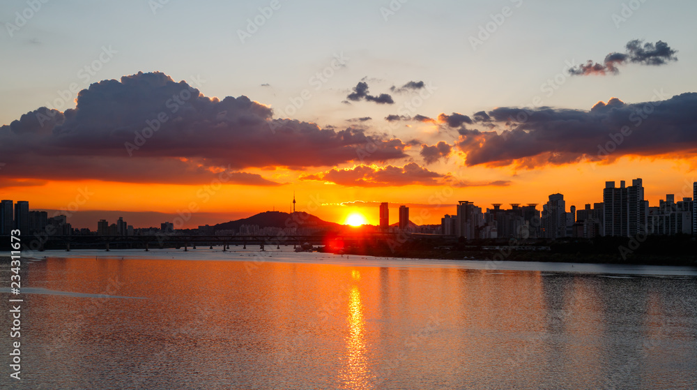 beautiful sunst with dramatic sky on Han river in Seoul