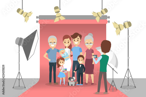 Happy family making photoshoot on the red background
