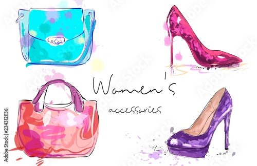 Women's accessories poster. Bags and high heeled ladies shoes.