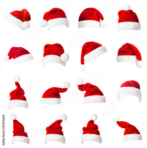 Collage with different shapes of Santa Claus helper hat