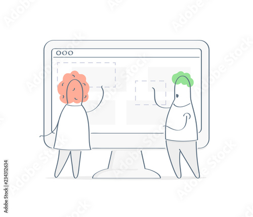 Two cute cartoon characters interacting, working on computer display interface, website design, content or layout creation, landing page creation, project management concept. Flat linear vector
