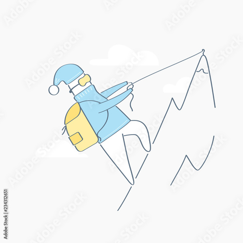 Rock climber, cartoon man, alpinist climbing on a cliff with a rope to the mountain top. Extreme outdoor sport, hiking, adventure