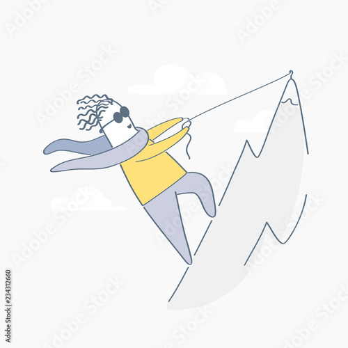 Rock climber, cartoon man, alpinist climbing on a cliff with a rope to the mountain top. Extreme outdoor sport, hiking, adventure