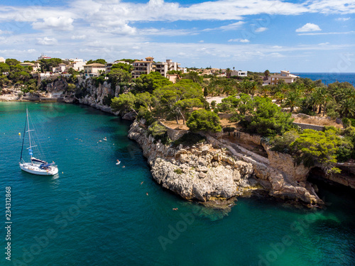 Aerial view, Porto Cristo, coast with villas and natural harbor, Mallorca, Balearic Islands Spain