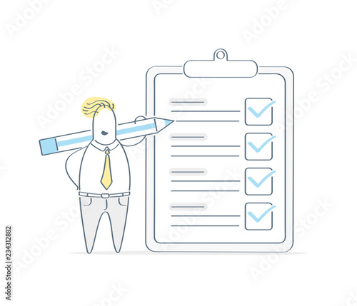 Business man standing over marked to do checklist with pencil. Successful completion of business tasks, clipboard paper, questionnaire concept, business brief