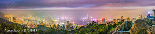 Wallpaper Mural Hong Kong night panorama wide view of Victoria Harbour skyline from Red incense burner summit,Misty night. Torontodigital.ca