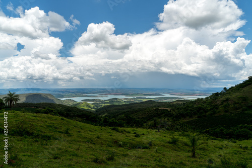 Landscape of mountains with dammed lake in the region of Minas Gerais, Brazil