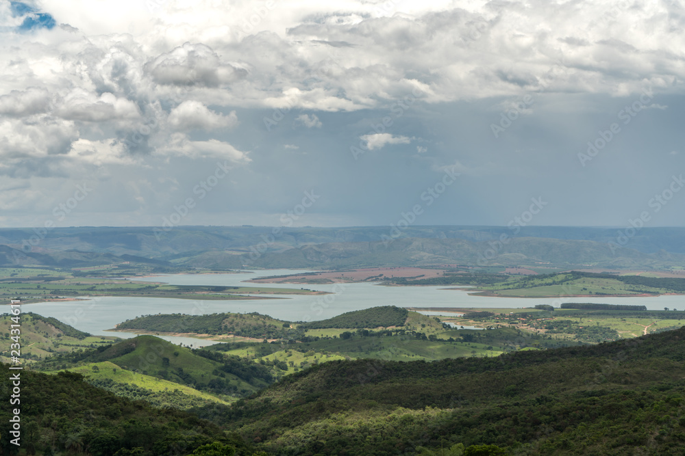 Landscape of mountains with dammed lake in the region of Minas Gerais, Brazil