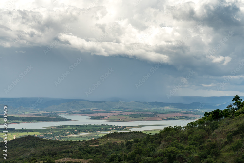 Landscape of mountains with dammed lake in the region of Minas Gerais, Brazil