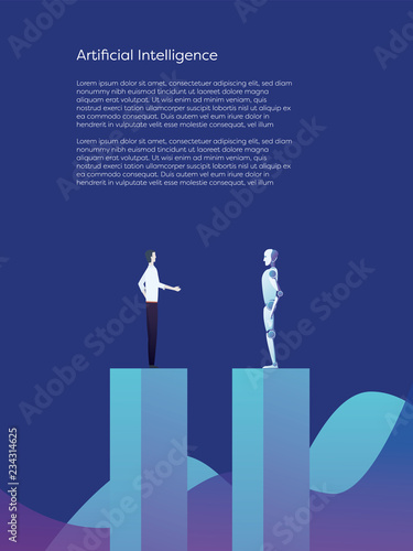 Artificial intelligence and human cooperation vector concept. Ai robot in suit offering handshake to human businessman. Symbol of future technology and innovation.