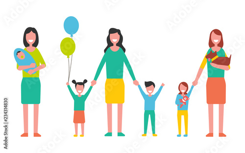 Motherhood Vector Woman Taking Care About Kids