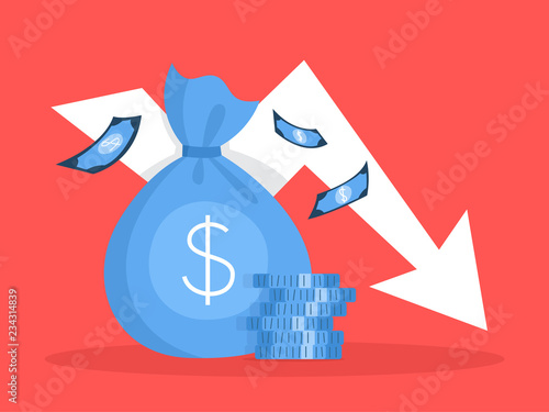 Finance crisis with falling down graph and money decrease