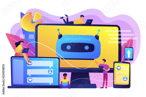 Developers building, testing and deploying chatbots on platforms. Chatbot platform, virtual assistant development, cross-platform chatbot concept. Bright vibrant violet vector isolated illustration