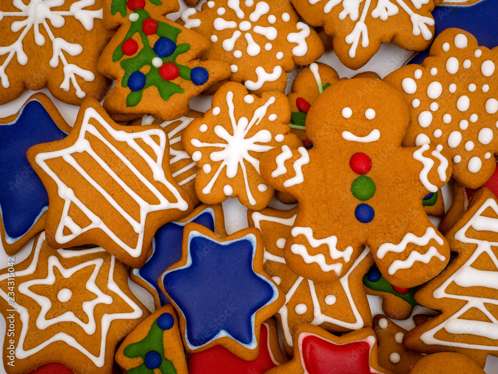 Happy New Year and Merry Christmas gingerbread on white background. Christmas baking. Making gingerbread christmas cookies. Christmas concept.