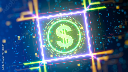 USA Dollar logo on a abstract digital background. Financial hi-tech theme