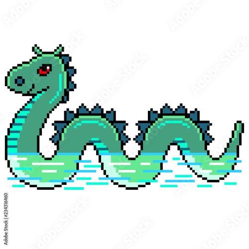 Pixel nessie loch ness monster detailed illustration isolated vector
