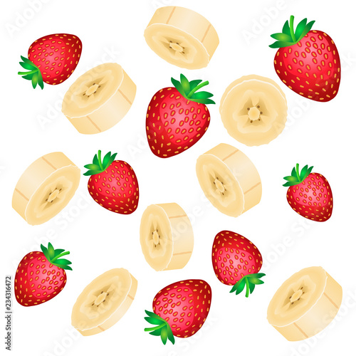 Falling red strawberries and yellow banana slices isolated on white background.
